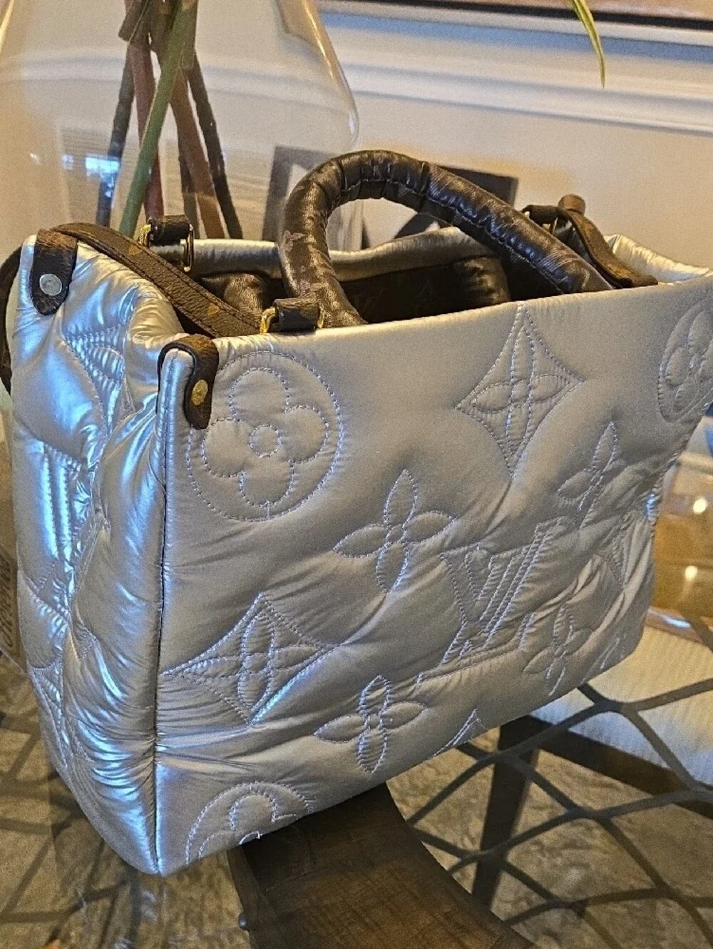 Silver Quilted Puffy Monogram Large New Satchel 14